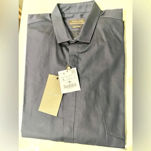 NWT Zara Dark Blue Dress Shirt slim fit size L - Picture 2 of 4